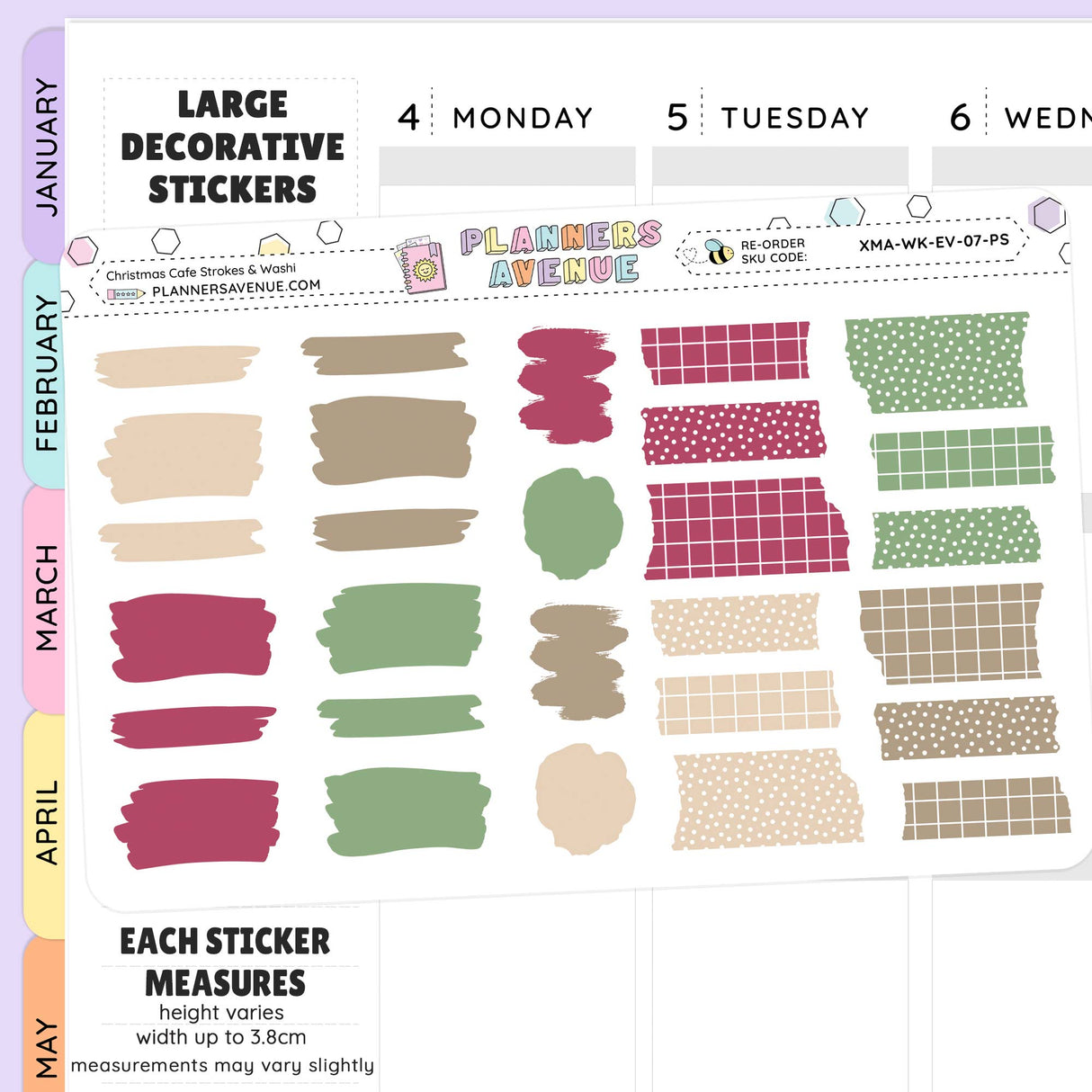 Collection of large decorative stickers with various patterns and colors on a planner page.