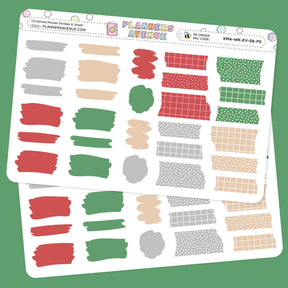 Christmas Movies Brush Stroke + Torn Washi Strips Stickers - Sheet of decorative planner stickers with various patterns on a green background