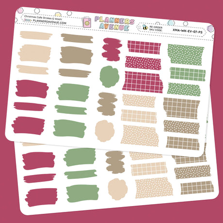 Christmas Cafe Brush Stroke + Torn Washi Strips Sticker sheet of decorative planner stickers with various patterns on a pink background