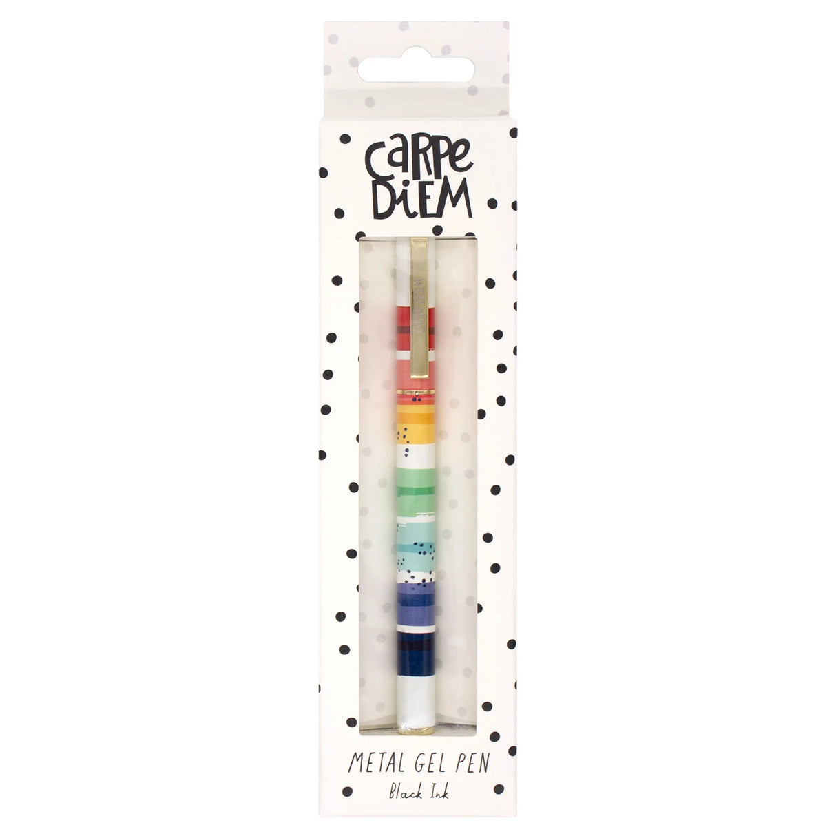 Packaged set of metal gel pens with colorful accents on a white background