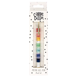 Packaged set of metal gel pens with colorful accents on a white background