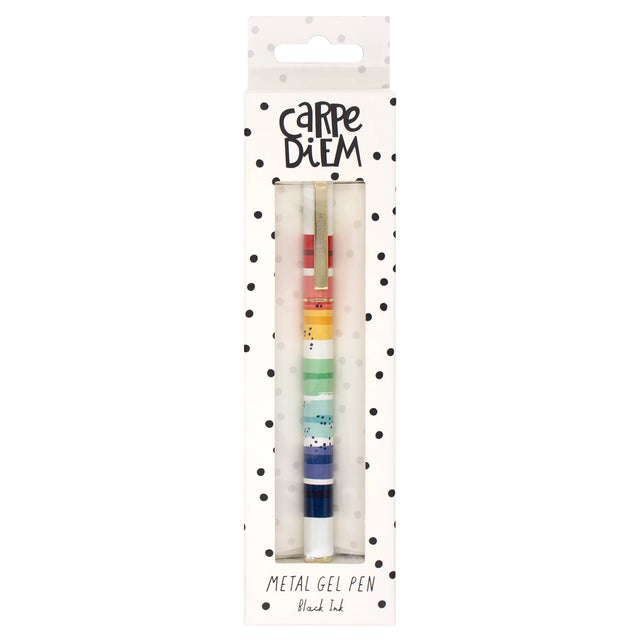 Packaged set of metal gel pens with colorful accents on a white background