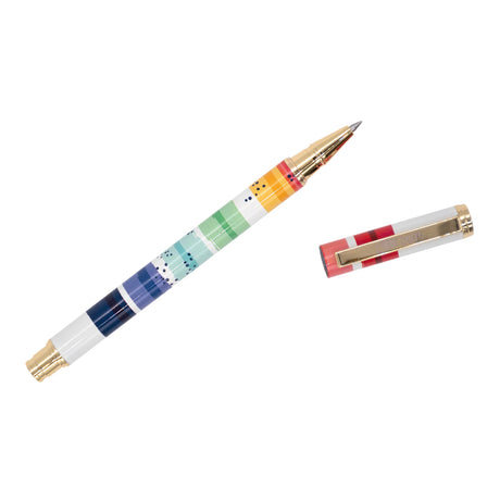 Colorful pen with a multicolored body and gold accents on a white background