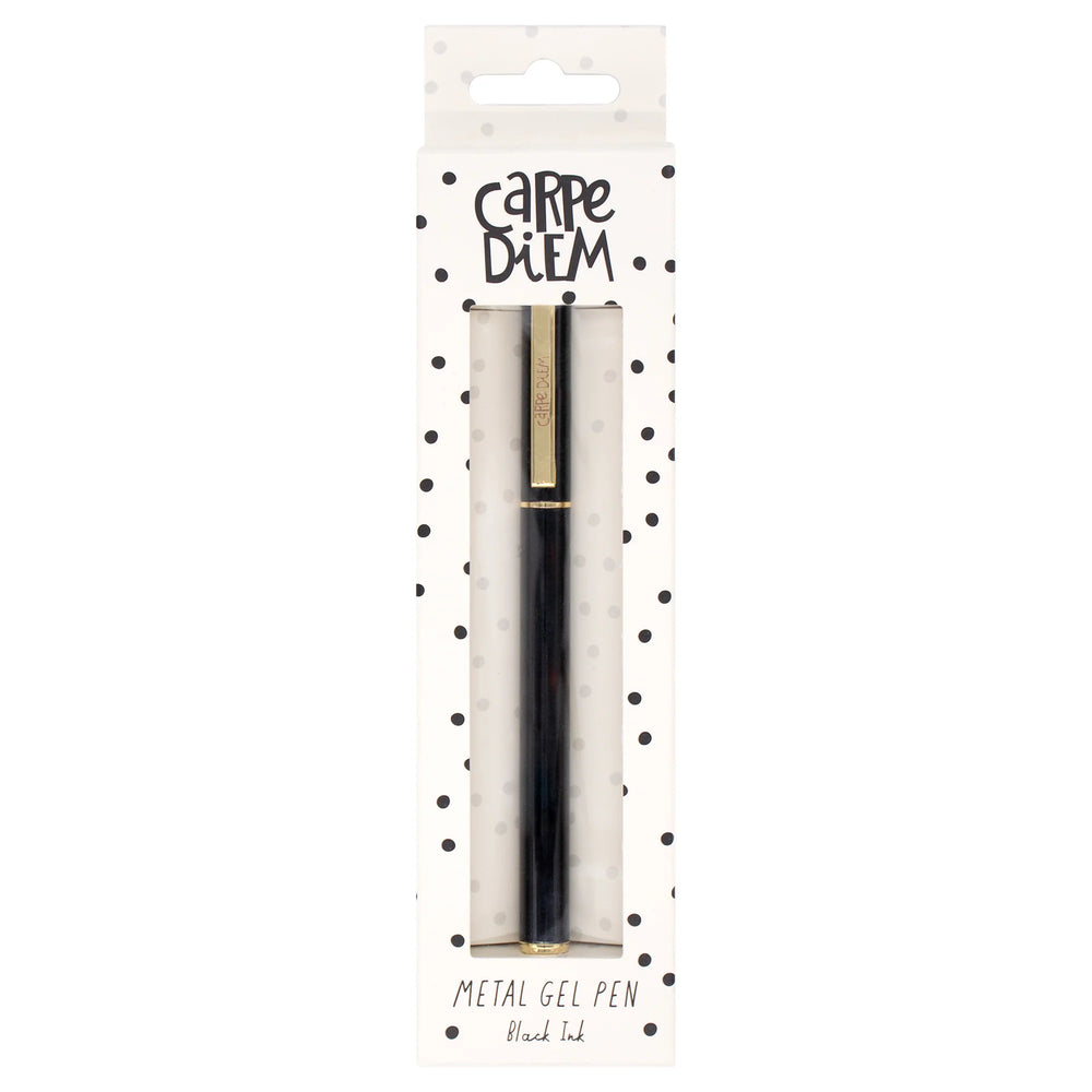 Metal gel pen in packaging with 'carpe diem' text on a white background