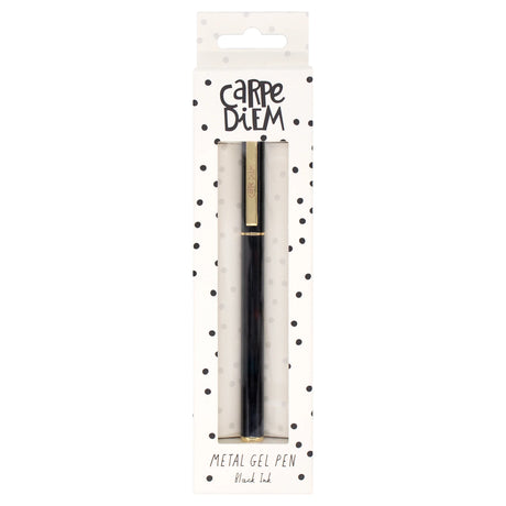 Metal gel pen in packaging with 'carpe diem' text on a white background