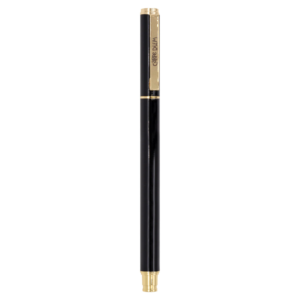 Carpe Diem Black Metal Gel Pen with gold accents on a white background