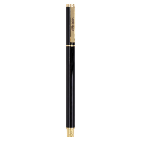 Carpe Diem Black Metal Gel Pen with gold accents on a white background