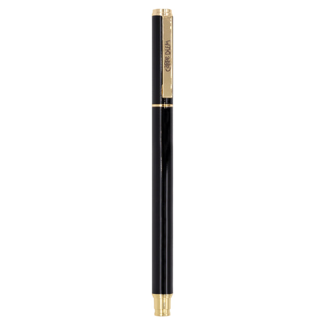 Carpe Diem Black Metal Gel Pen with gold accents on a white background