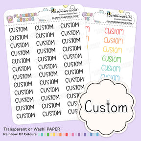Clear Custom Text Word Planner Stickers shown on a light lavender background. One sheet is fully visible and the other is partially obscured behind it.