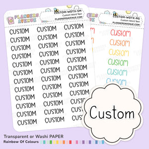 Clear Custom Text Word Planner Stickers shown on a light lavender background. One sheet is fully visible and the other is partially obscured behind it.