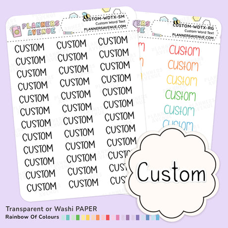 Clear Custom Text Word Planner Stickers shown on a light lavender background. One sheet is fully visible and the other is partially obscured behind it.