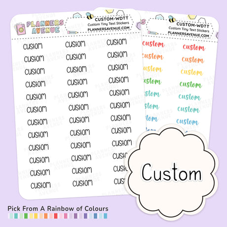 Custom Tiny Text Planner Sticker sheets shown with mini text stickers from Planner Avenue, on a light lavender background 