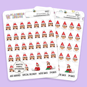 Christmas Elf Countdown Stickers  featuring elves with red hats and numbers on a purple background.
