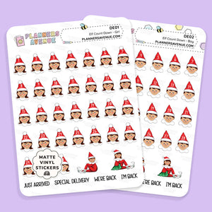 Christmas Elf Countdown Stickers  featuring elves with red hats and numbers on a purple background.