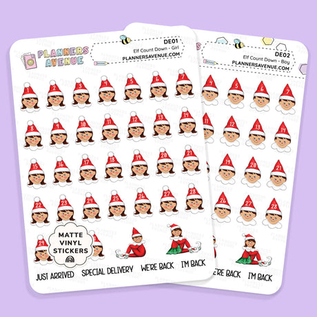 Christmas Elf Countdown Stickers  featuring elves with red hats and numbers on a purple background.