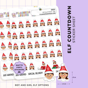 Christmas Elf Countdown Stickers Sheet of elf countdown stickers with boy and girl options on a purple background
