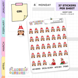 Christmas Elf Countdown planner stickers with a girl wearing a Santa hat with numbers to count down to christmas designed by 'Planners Avenue'.