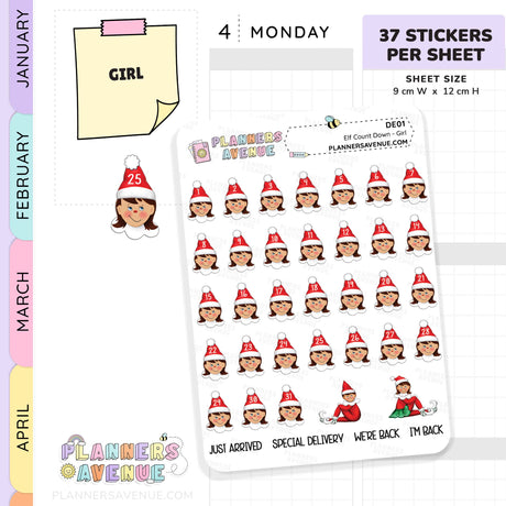 Christmas Elf Countdown planner stickers with a girl wearing a Santa hat with numbers to count down to christmas designed by 'Planners Avenue'.
