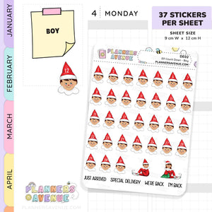 Sheet of planner stickers with elves and a planner margin strip on a white background
