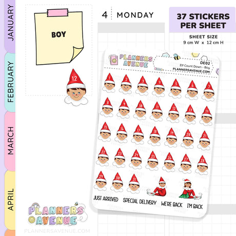 Sheet of planner stickers with elves and a planner margin strip on a white background