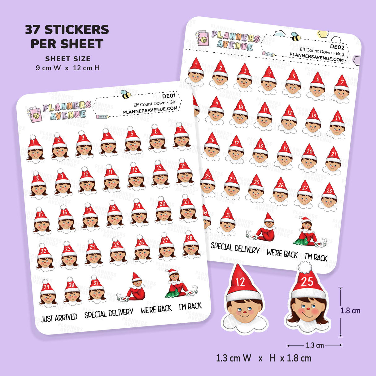 Christmas Elf Countdown planner stickers featuring elves with red hats on a purple background.