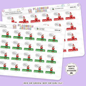 Christmas Elf Move Me Reminder Stickers Sheet of planner stickers featuring elves with text on a purple background