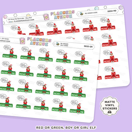 Christmas Elf Move Me Reminder Stickers Sheet of planner stickers featuring elves with text on a purple background
