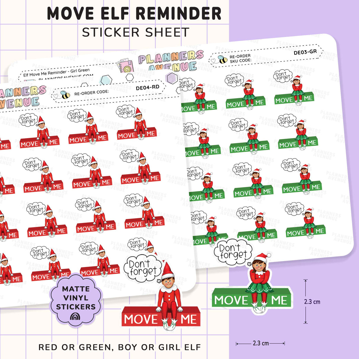 Christmas Girl Elf Move Me Reminder Stickers sheet with elf designs and text on a grid background