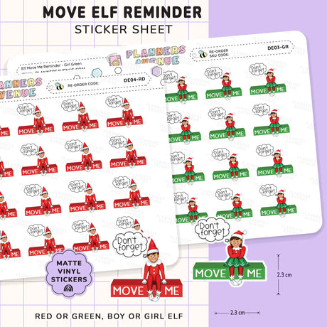 Christmas Girl Elf Move Me Reminder Stickers sheet with elf designs and text on a grid background