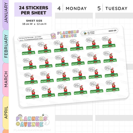 Green Christmas Girl Elf Move Me Reminder Stickers Sheet of planner stickers with elf designs and text, branded 'Planners Avenue'.