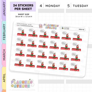 Red Christmas Girl Elf Move Me Reminder Stickers Sheet of planner stickers with elf designs and text, branded 'Planners Avenue'.