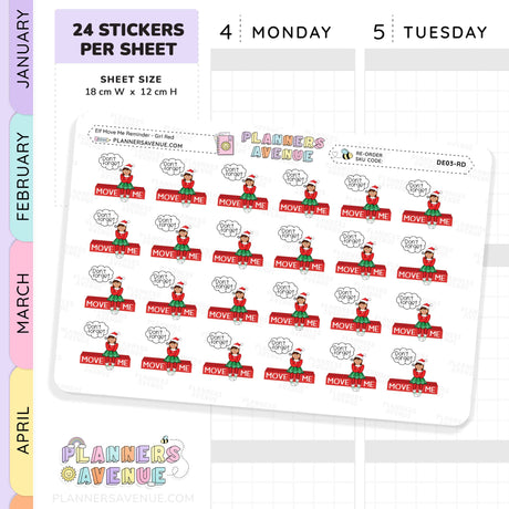 Red Christmas Girl Elf Move Me Reminder Stickers Sheet of planner stickers with elf designs and text, branded 'Planners Avenue'.