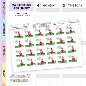 Green Christmas Boy Elf Move Me Reminder Stickers Sheet of planner stickers with elf designs and text, branded 'Planners Avenue'.