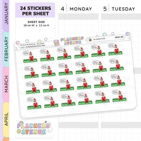 Green Christmas Boy Elf Move Me Reminder Stickers Sheet of planner stickers with elf designs and text, branded 'Planners Avenue'.
