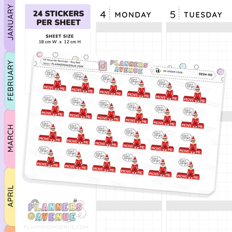 Red Christmas Boy Elf Move Me Reminder Stickers Sheet of planner stickers with elf designs and text, branded 'Planners Avenue'.