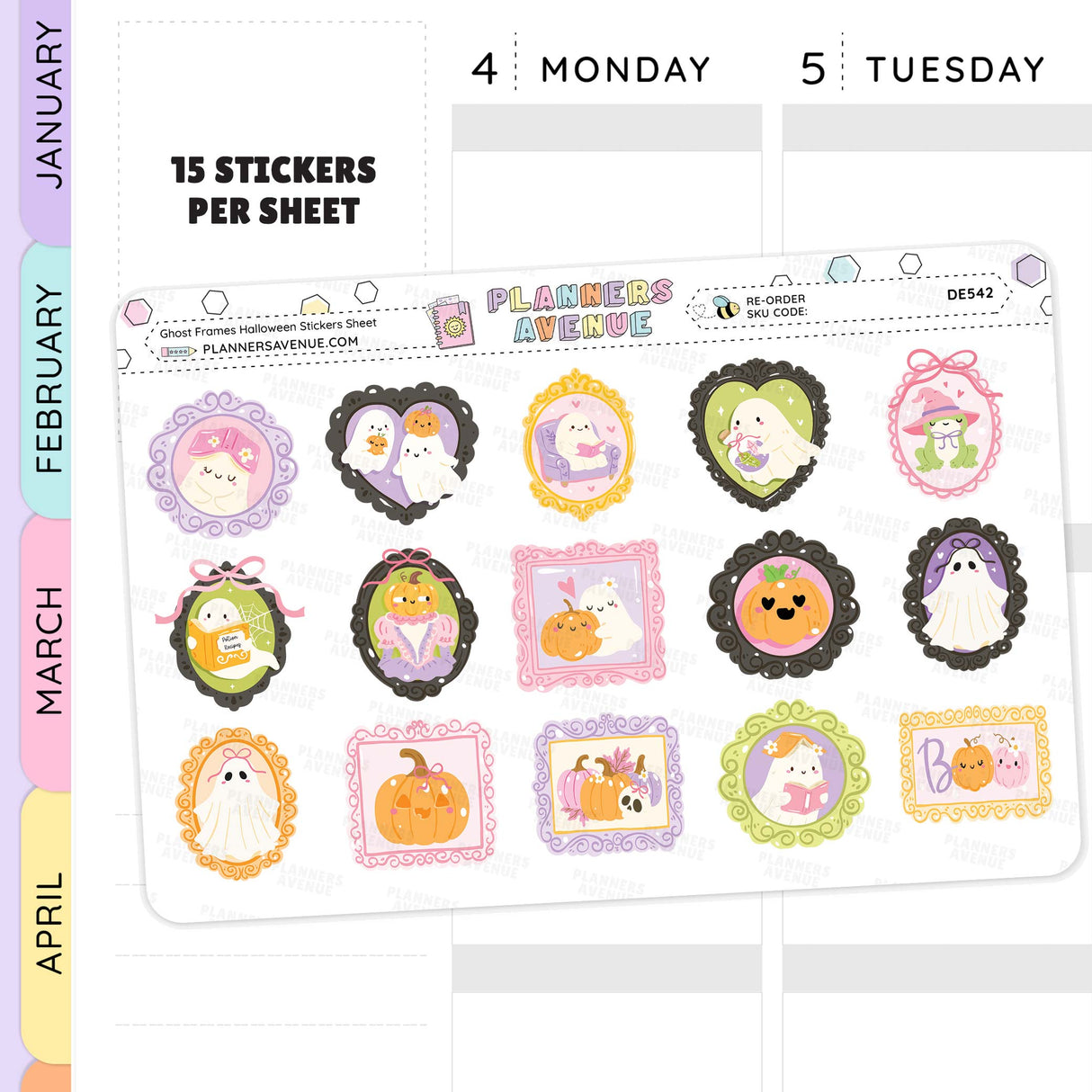Sheet of Halloween-themed stickers with cartoon characters and pumpkins on a planner page.