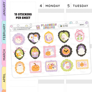 Sheet of Halloween-themed stickers with cartoon characters and pumpkins on a planner page.