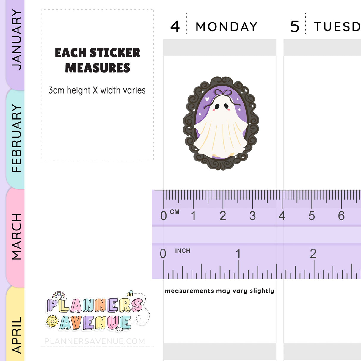 Ghost sticker with a purple bow on a planner page with a ruler for scale, featuring 'Planners Avenue' branding.