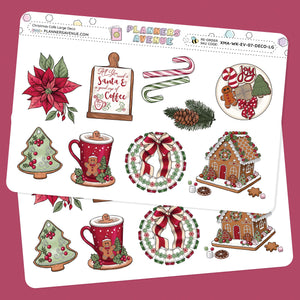 Christmas Cafe Deluxe Decorative Planner Sticker Sheet of Christmas-themed stickers with various designs on a pink background