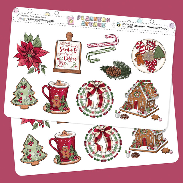 Christmas Cafe Deluxe Decorative Planner Sticker Sheet of Christmas-themed stickers with various designs on a pink background