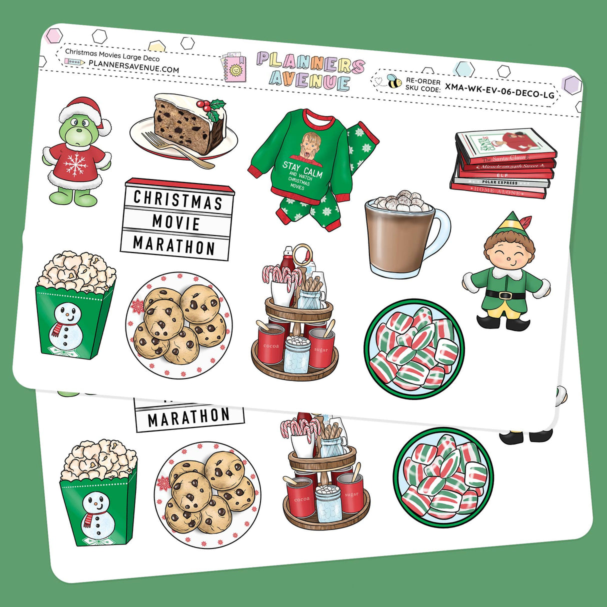 Christmas Movies Deluxe Decorative Planner Sticker sheet with Christmas-themed illustrations, including cookies, hot chocolate, and an elf on a green background.