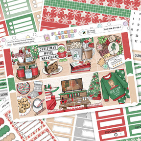 Christmas Movies Vertical Weekly Sticker Kit Collection of Christmas-themed planner stickers with various designs, including food, movies, and activities.