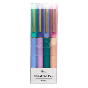 Erin Condren Metal Gel Pens. Pack of four metal gel pens in different colours with a clear plastic cover on a white background.