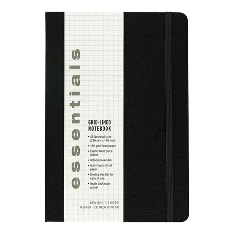 Essentials Grid Lined A5 Notebook - Black