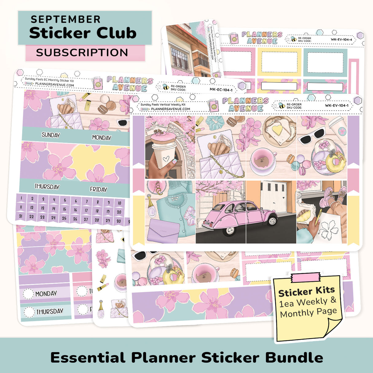 Essential Planner Sticker Subscription bundle with various functional and decorative sticker designs
