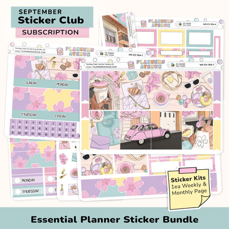 Essential Planner Sticker Subscription bundle with various functional and decorative sticker designs
