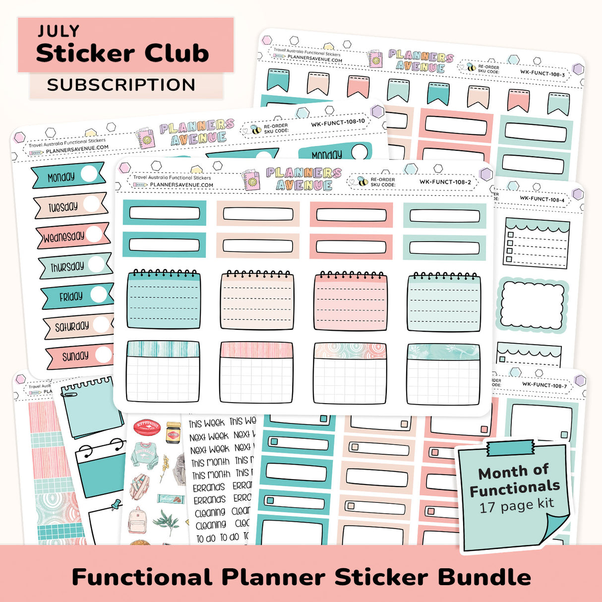 Functional Planner Sticker Subscription bundle with a variety of functional planning sticker sheets