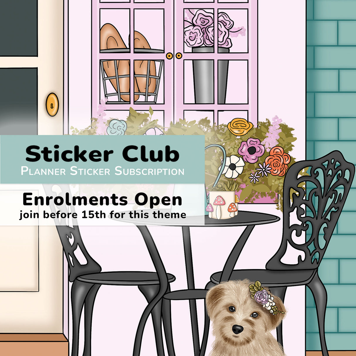 Illustration of a room with a table, chairs, and a dog, promoting a Sticker Club subscription.
