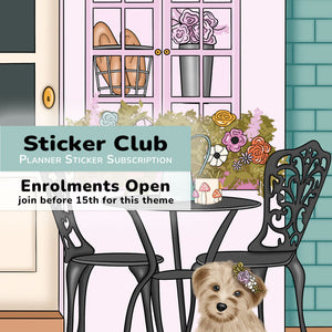 Illustration of a room with a table, chairs, and a dog, promoting a Sticker Club subscription.