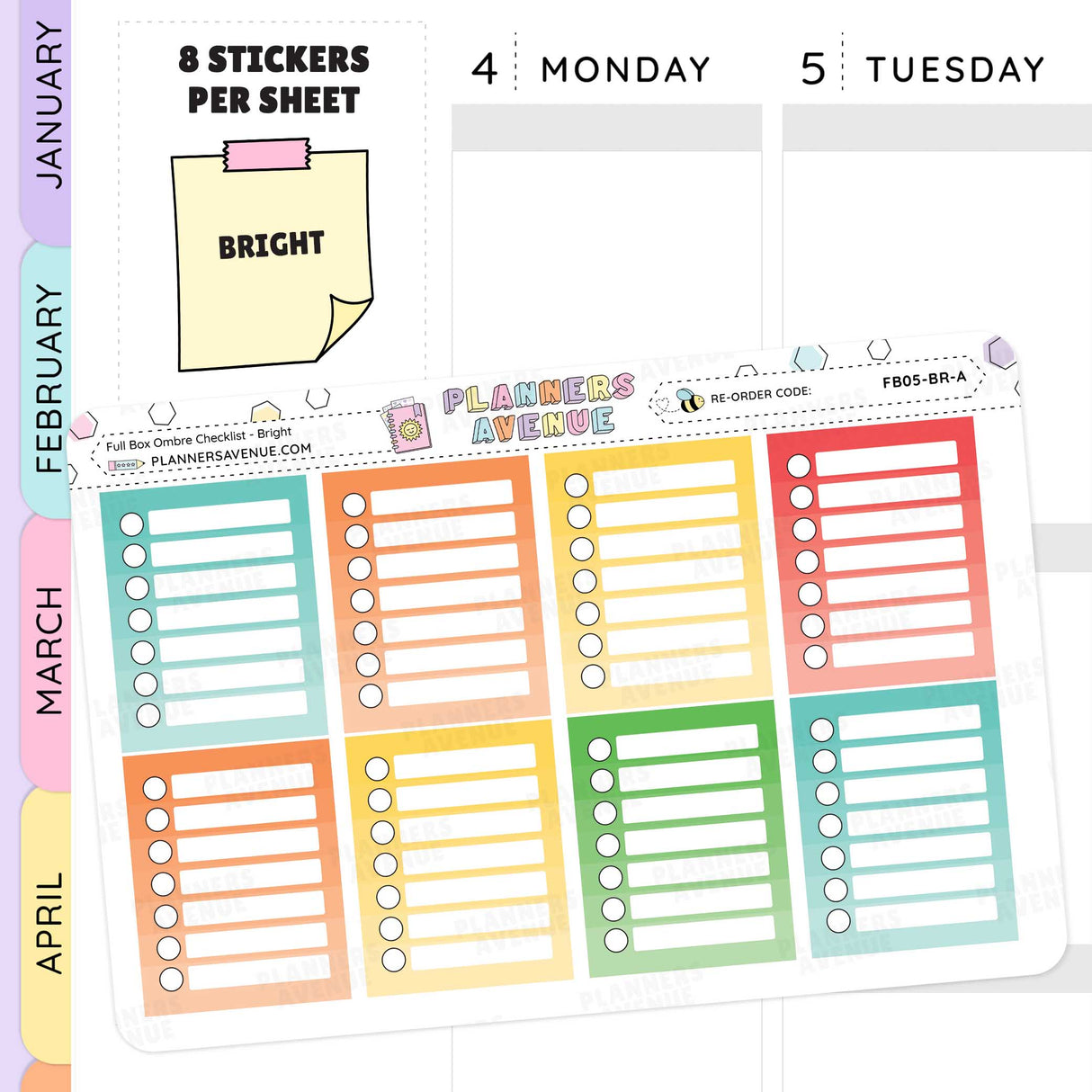 Colorful planner stickers with checkboxes on a planner page.